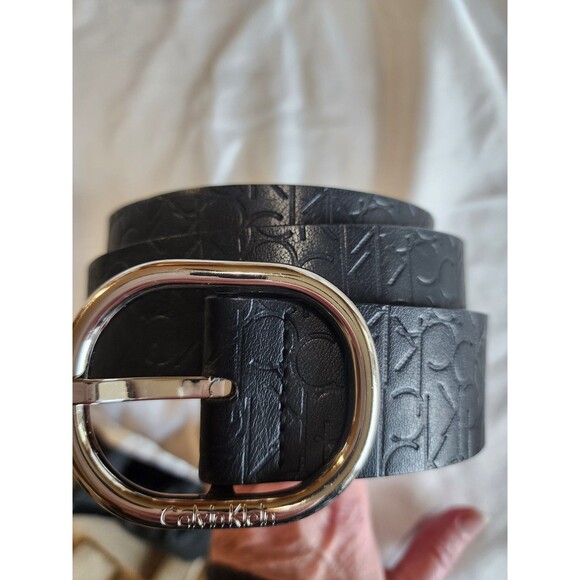 Calvin Klein Womens Black Embossed Logo Belt Silver Buckle Faux Leather Sz Small - Picture 7 of 15